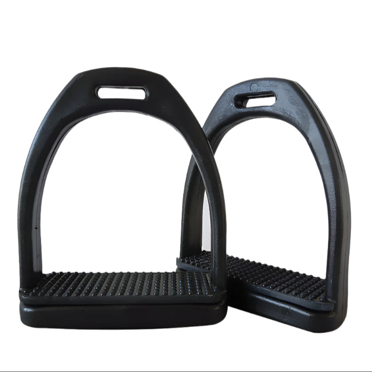 Black horse stirrups with rubber pads on a white background