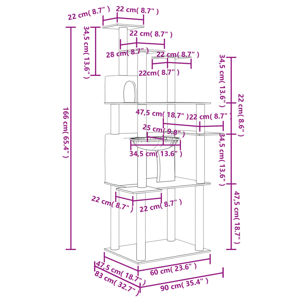 Kissan Kiipeilypuu Sisal- Raapimispylväillä Vaaleanharm. 166 Cm