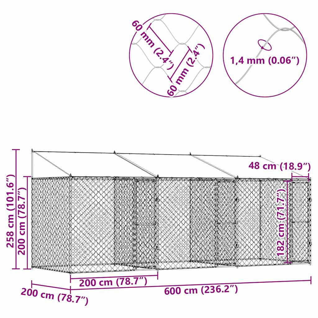 Koiranhäkki Hopea 600 X 200 X 256 Cm Galvanoitu Teräs