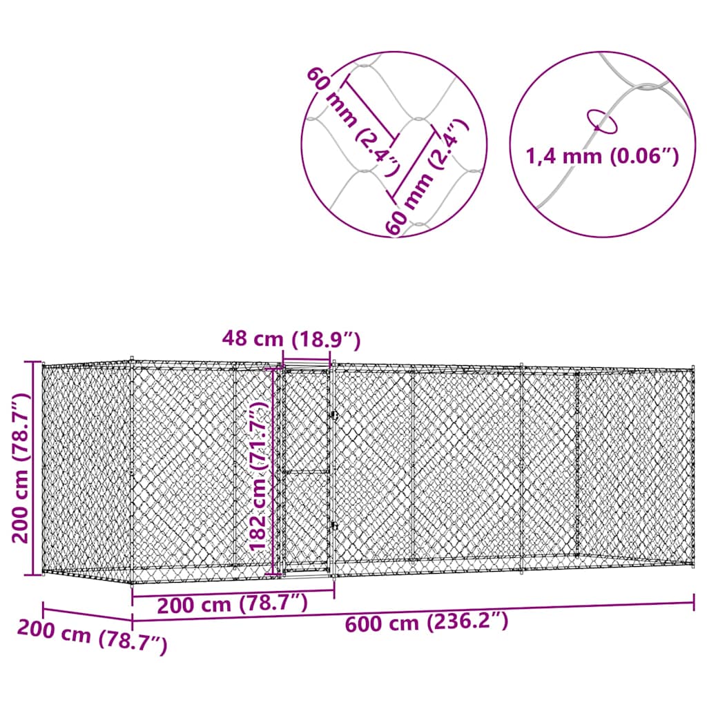 Koiranhäkki Hopea 600 X 200 X 256 Cm Galvanoitu Teräs