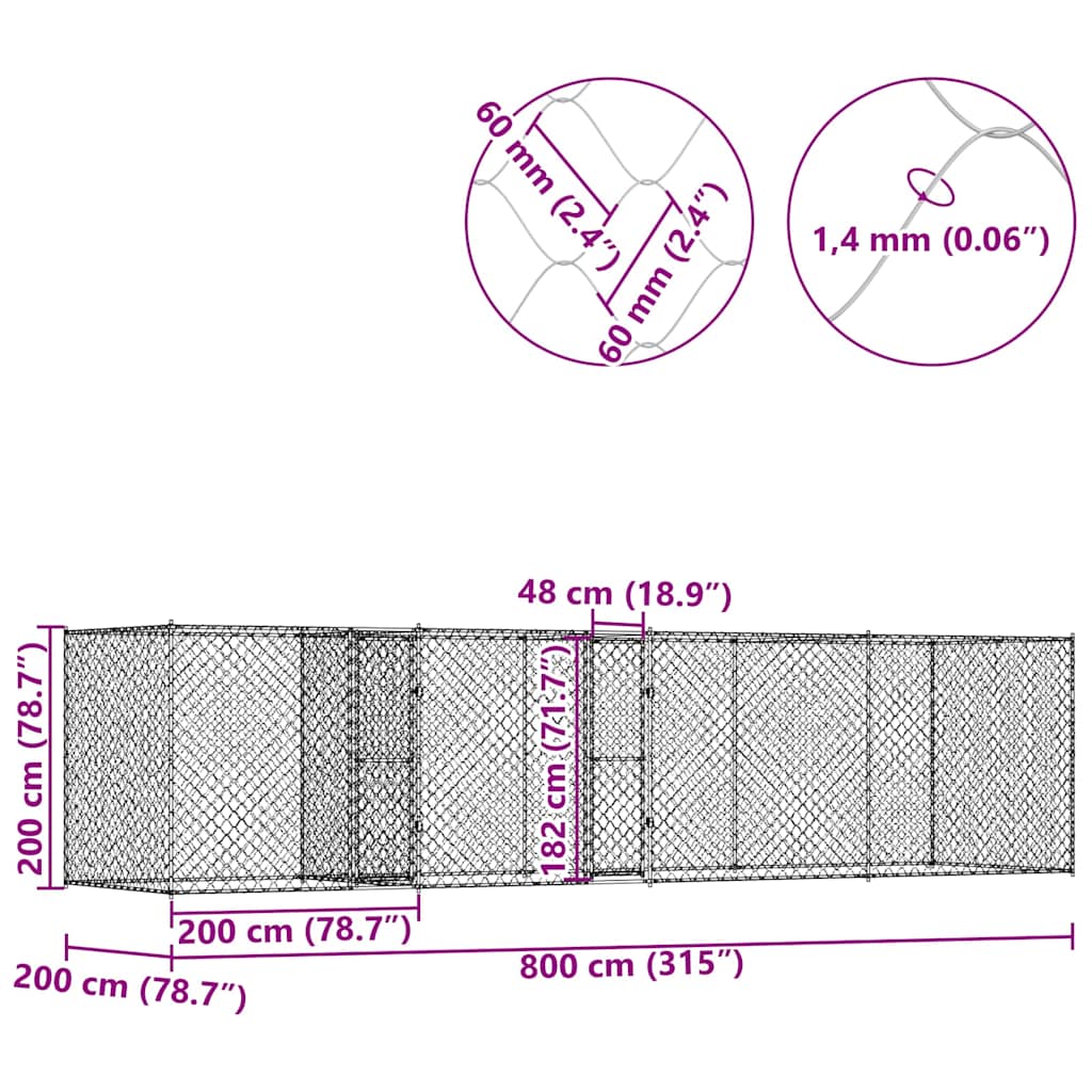 Koiranhäkki Hopea 800 X 200 X 200 Cm Galvanoitu Teräs