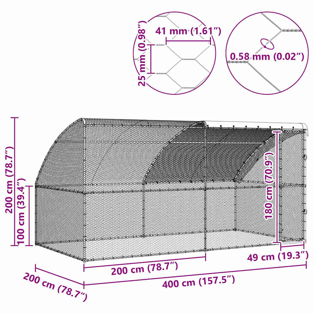 Kanahäkki Hopea 400 X 200 X 198.5 Cm Galvanoitu Teräs