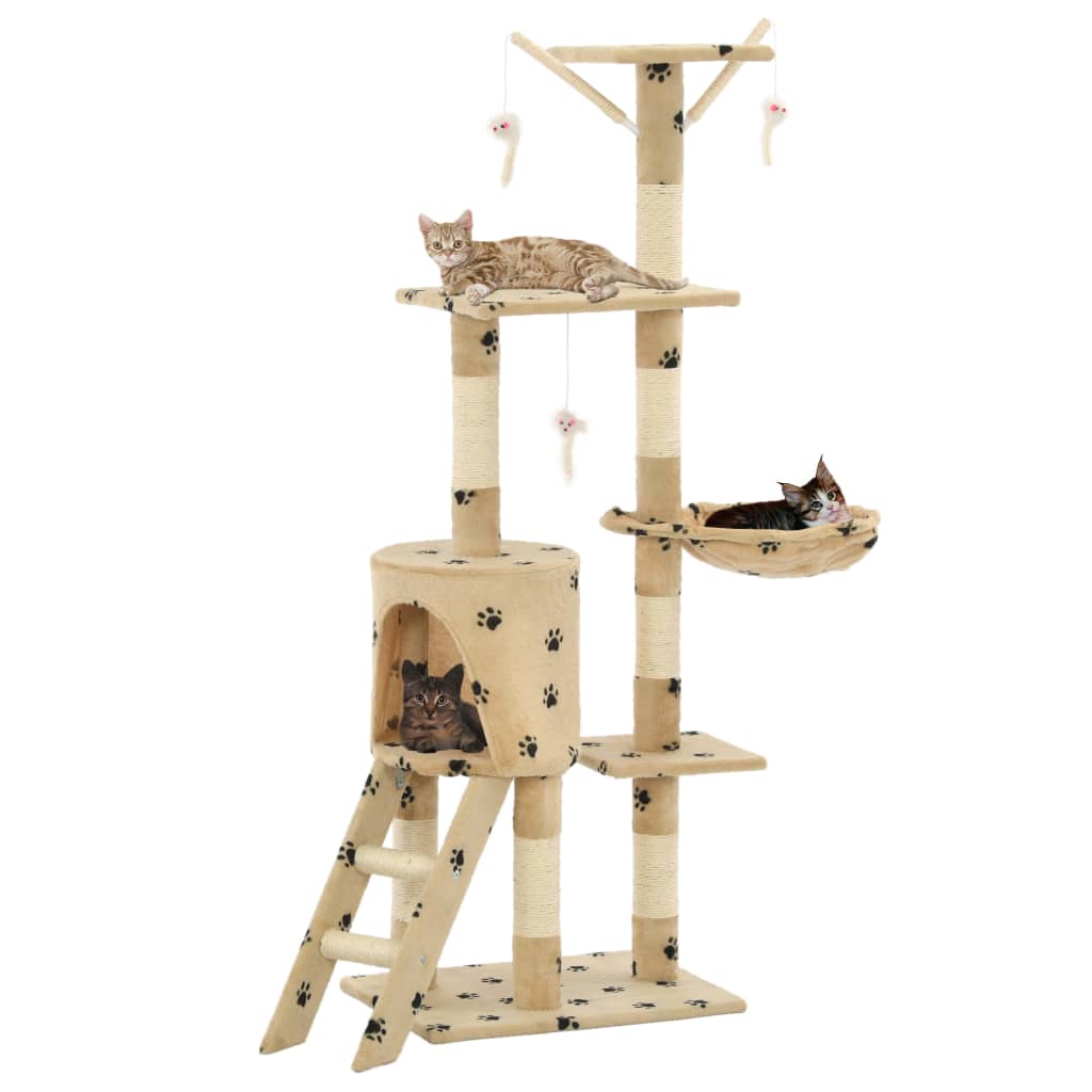 Kissan Raapimispuu Sisal-Pylväillä 138 Cm Tassunjäljet Beige