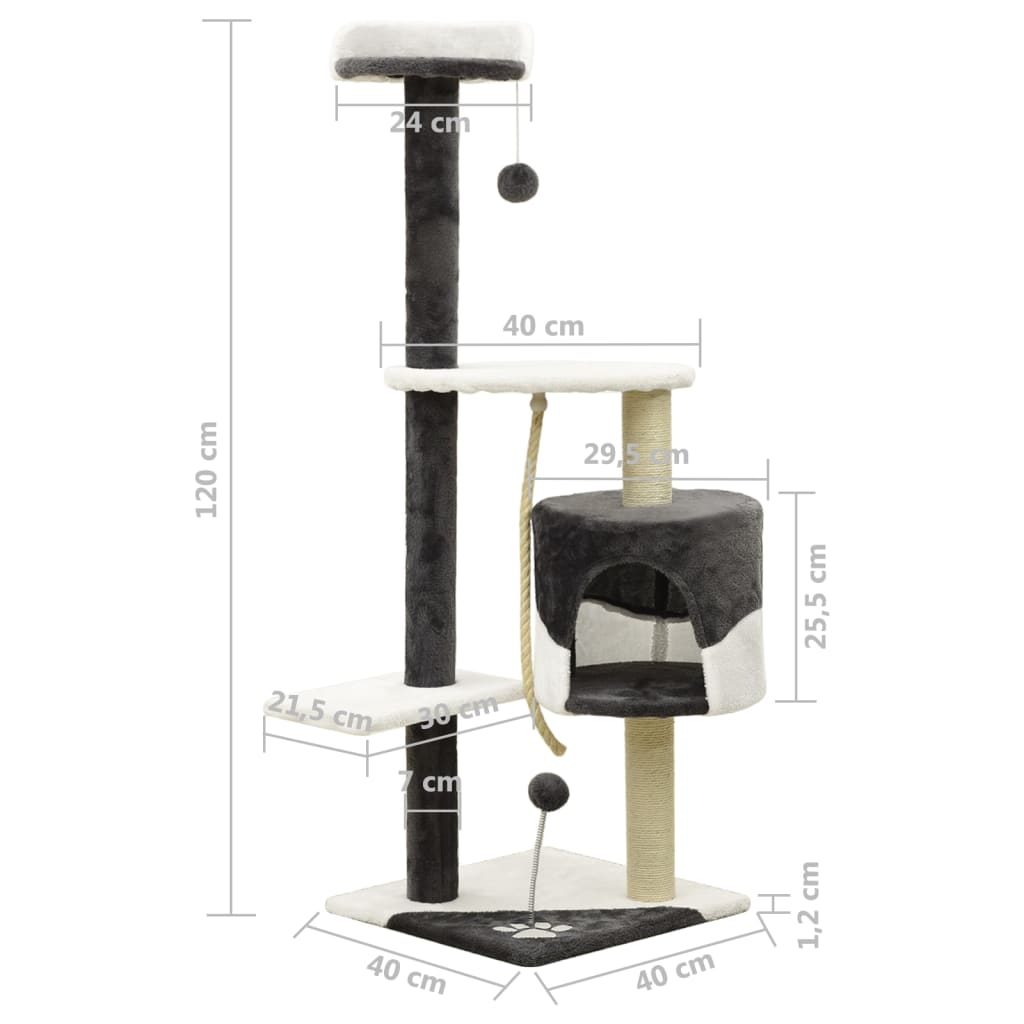 Kissan Kiipeilypuu Sisal-Pylväillä Tummanharmaa Ja Valk. 120 Cm