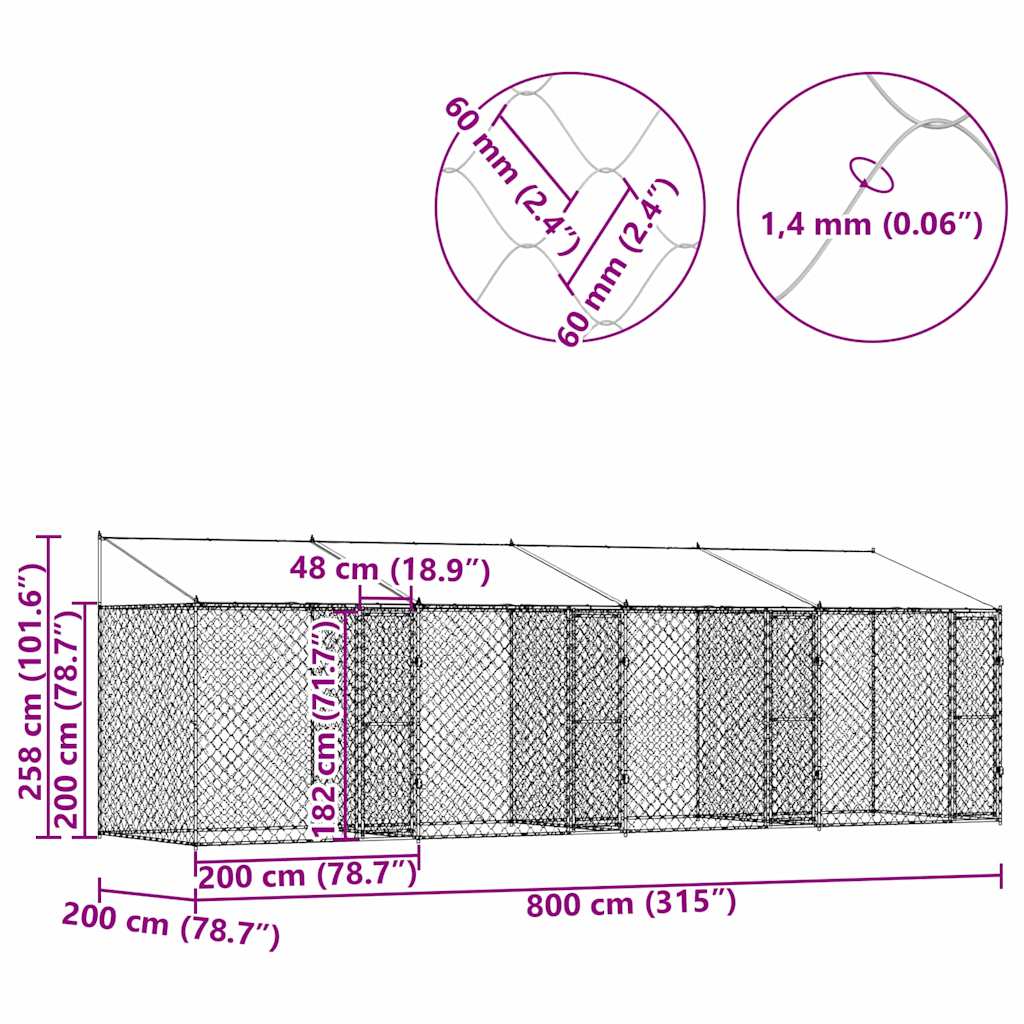 Koiranhäkki Hopea 800 X 200 X 256 Cm Galvanoitu Teräs