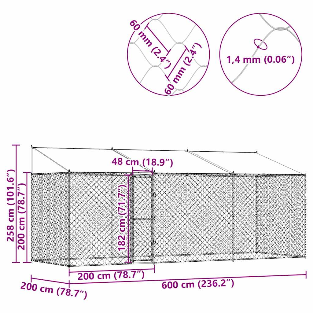 Koiranhäkki Hopea 600 X 200 X 256 Cm Galvanoitu Teräs