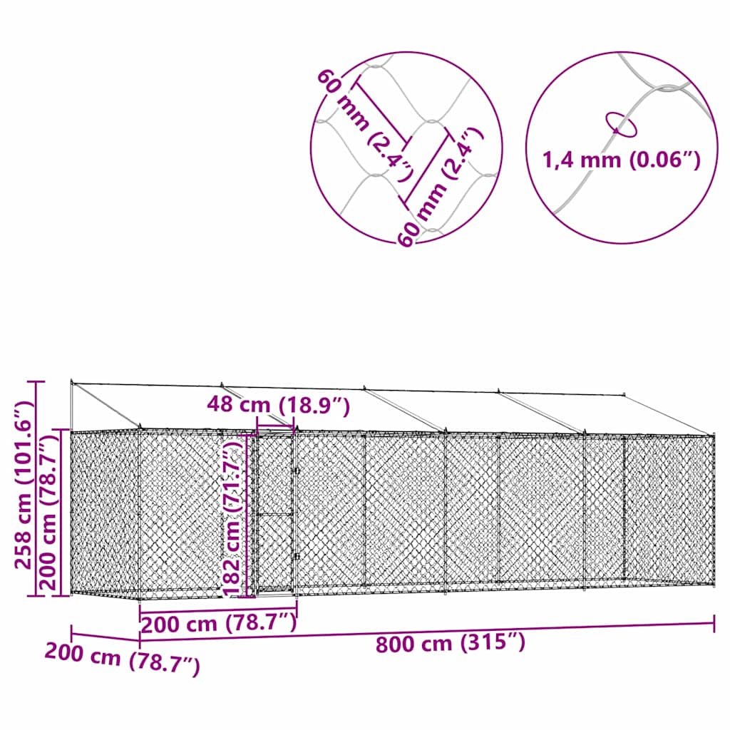 Koiranhäkki Hopea 800 X 200 X 256 Cm Galvanoitu Teräs