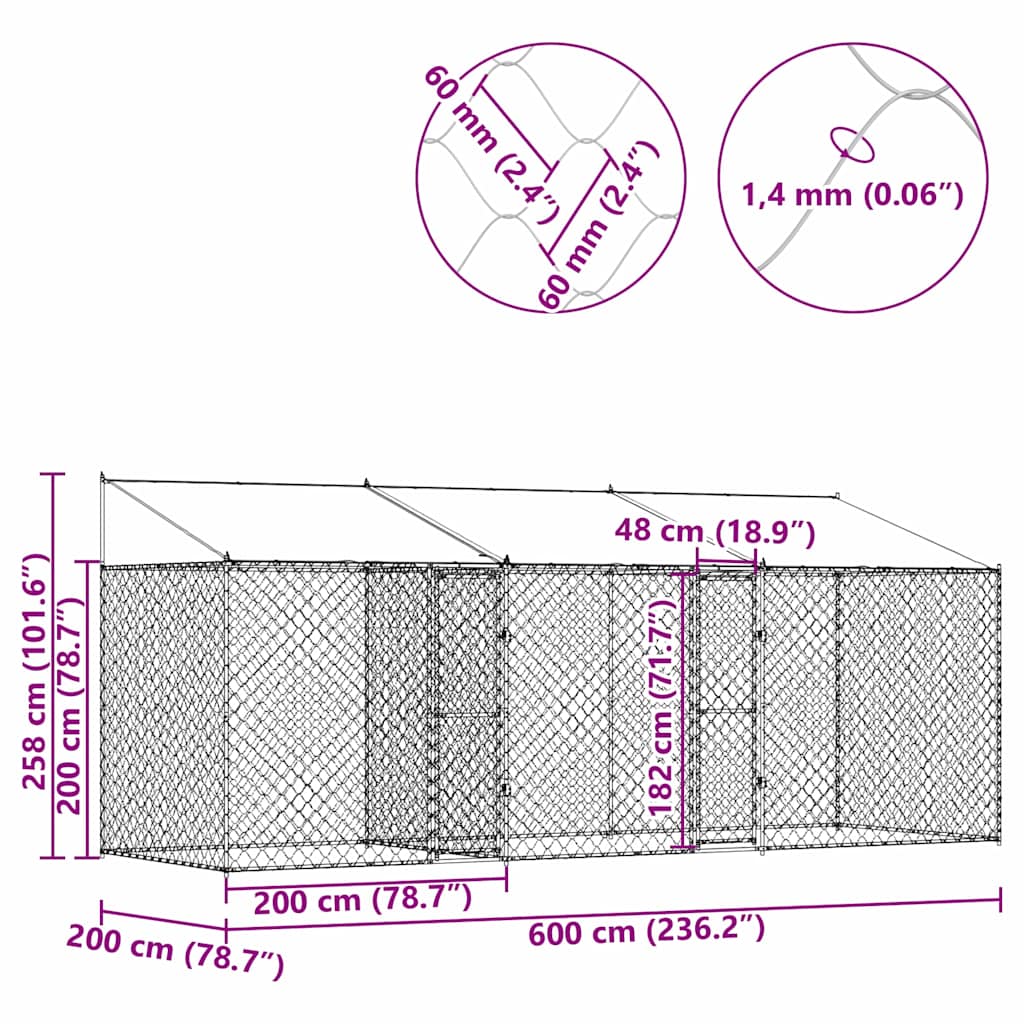 Koiranhäkki Hopea 600 X 200 X 256 Cm Galvanoitu Teräs