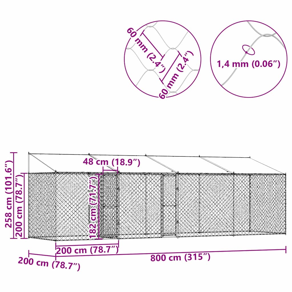 Koiranhäkki Hopea 800 X 200 X 256 Cm Galvanoitu Teräs