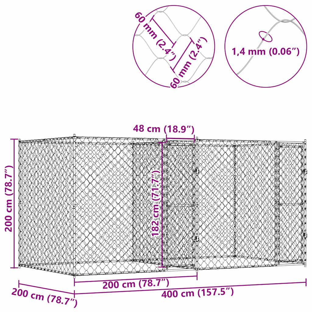 Koiranhäkki Hopea 400 X 200 X 200 Cm Galvanoitu Teräs