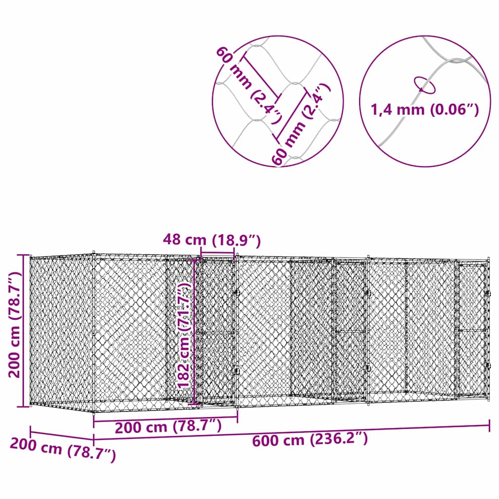 Koiranhäkki Hopea 600 X 200 X 200 Cm Galvanoitu Teräs
