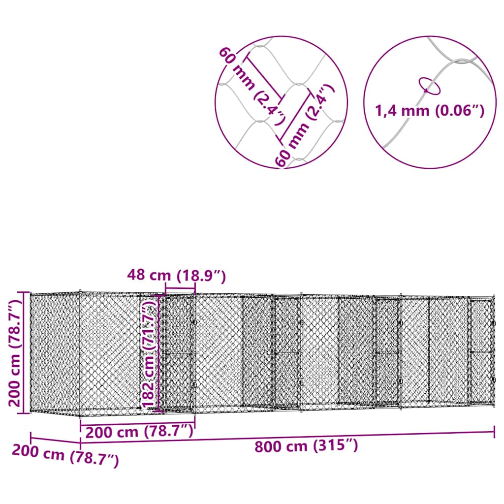 Koiranhäkki Hopea 800 X 200 X 200 Cm Galvanoitu Teräs