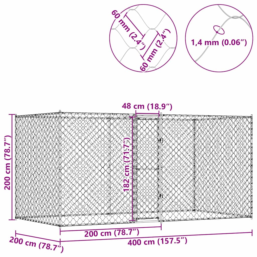 Koiranhäkki Hopea 400 X 200 X 256 Cm Galvanoitu Teräs