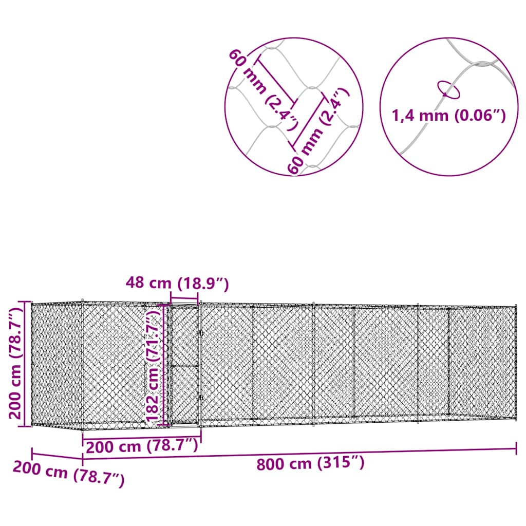 Koiranhäkki Hopea 800 X 200 X 256 Cm Galvanoitu Teräs