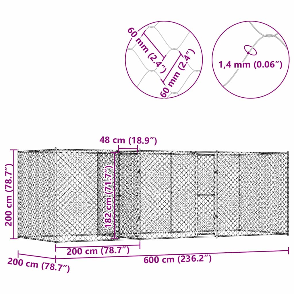 Koiranhäkki Hopea 600 X 200 X 200 Cm Galvanoitu Teräs