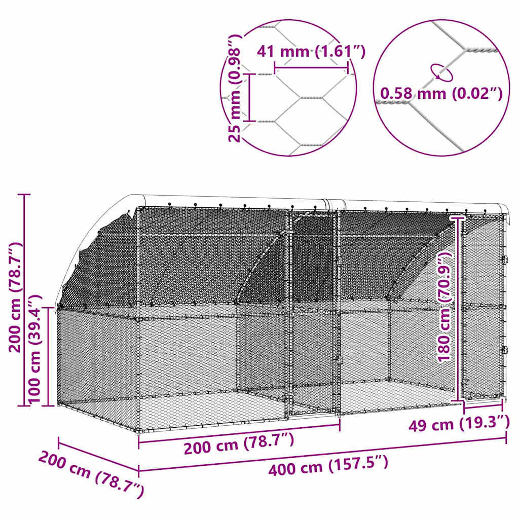 Kanahäkki Hopea 400 X 200 X 198.5 Cm Galvanoitu Teräs