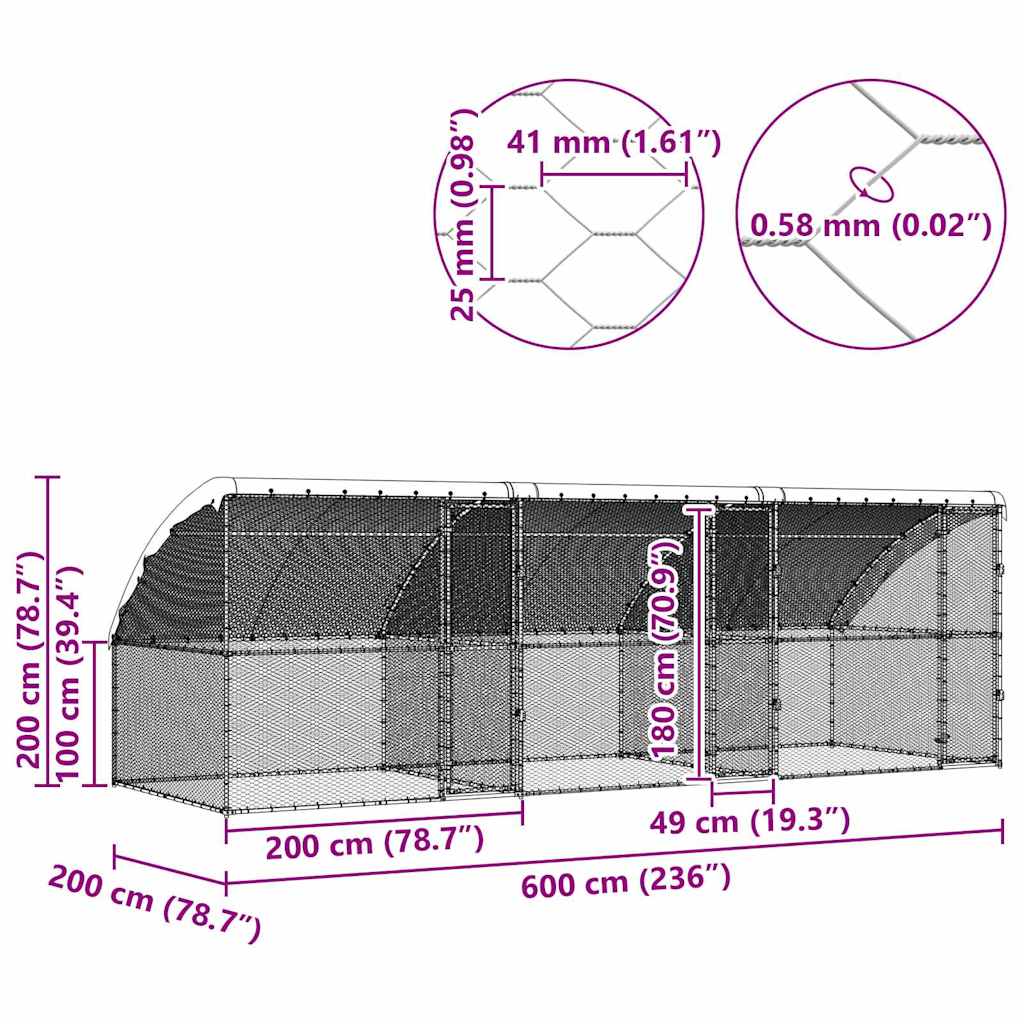 Kanahäkki Hopea 600 X 200 X 198.5 Cm Galvanoitu Teräs