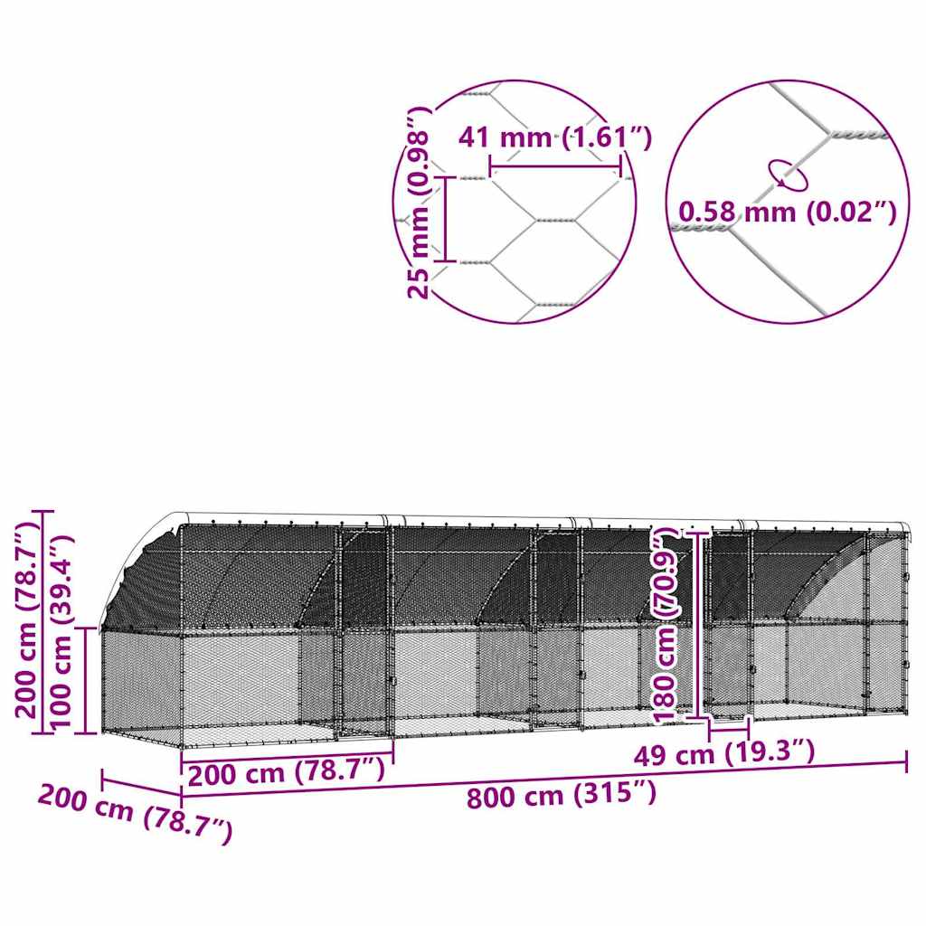 Kanahäkki Hopea 800 X 200 X 198.5 Cm Galvanoitu Teräs