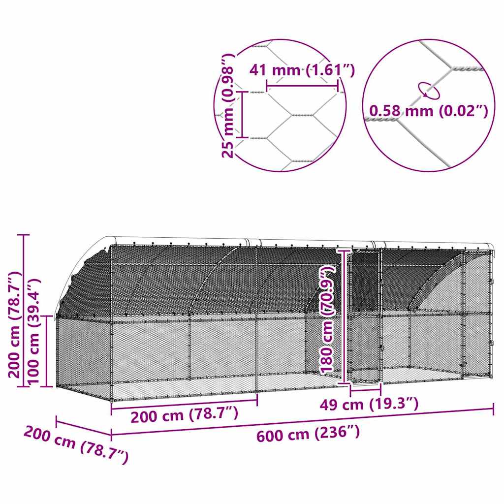 Kanahäkki Hopea 600 X 200 X 198.5 Cm Galvanoitu Teräs