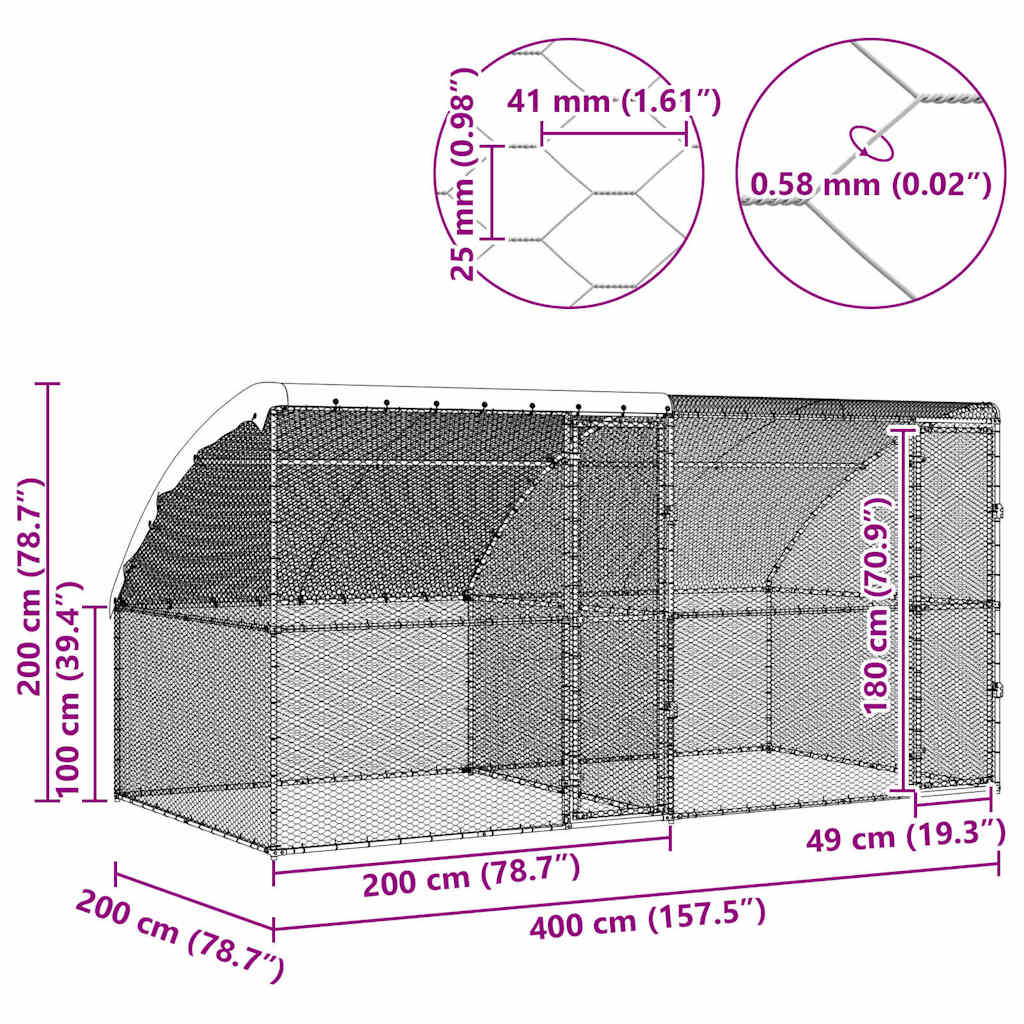 Kanahäkki Hopea 400 X 200 X 198.5 Cm Galvanoitu Teräs