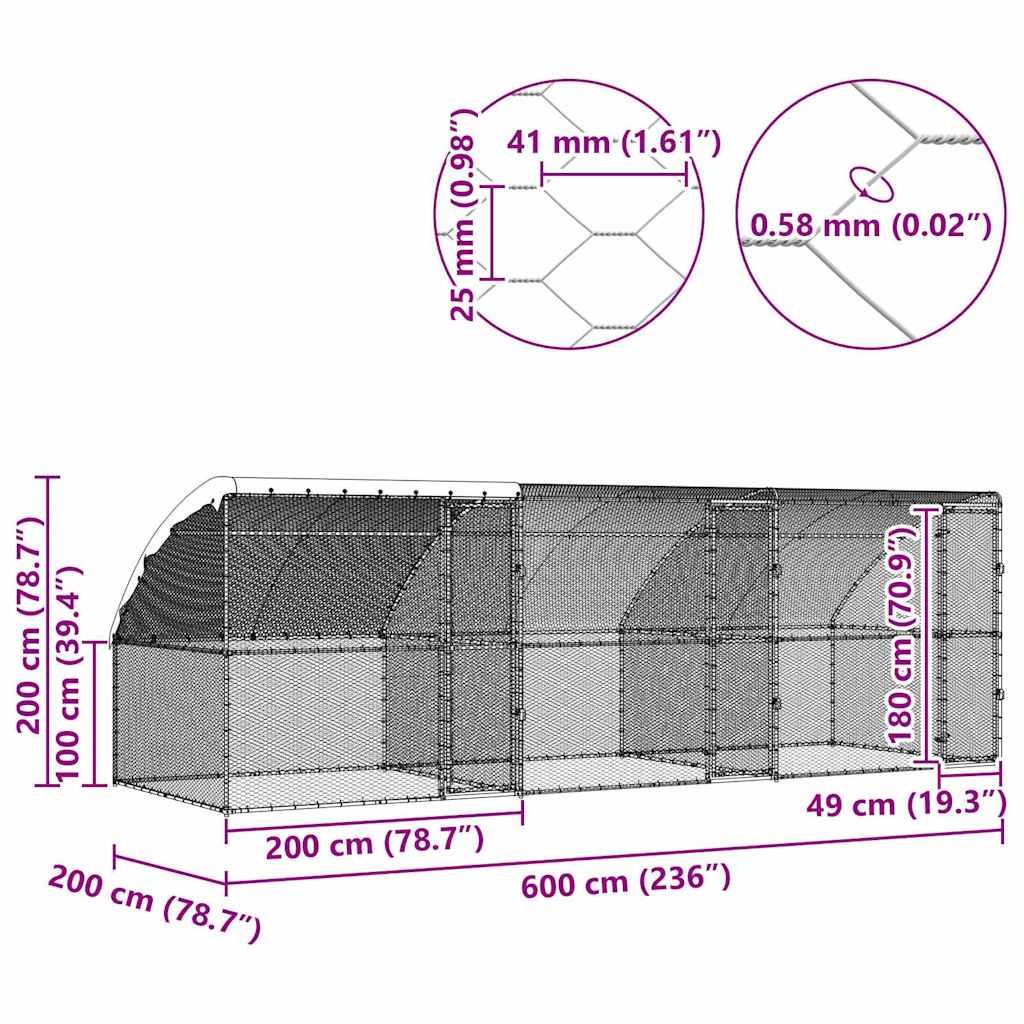 Kanahäkki Hopea 600 X 200 X 198.5 Cm Galvanoitu Teräs