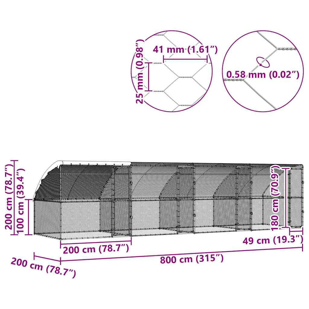 Kanahäkki Hopea 800 X 200 X 198.5 Cm Galvanoitu Teräs